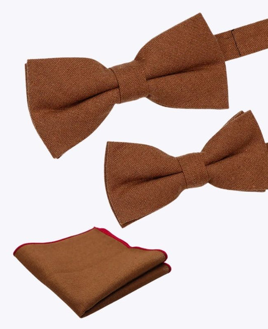 Braune Fliegen Nr. 1 Vater & Sohn + Leinen-Einstecktuch „Basile“