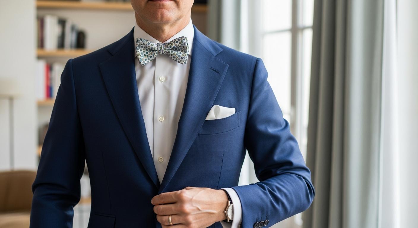 Homme en costume bleu marine portant un nœud papillon liberty avec chemise blanche, photographié en lumière naturelle dans un intérieur élégant Bild