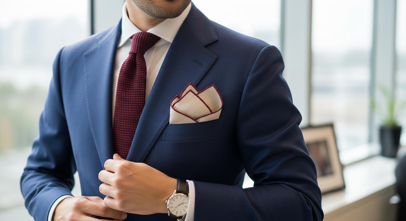 Homme en costume bleu marine avec chemise blanche et cravate bordeaux, portant une pochette en lin écru à liseré bordeaux dans la poche poitrine, lumière naturelle en bureau Bild