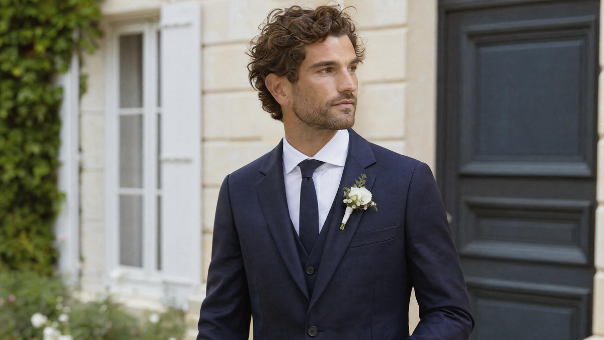 Homme en costume portant une boutonnière sur le revers gauche de sa veste