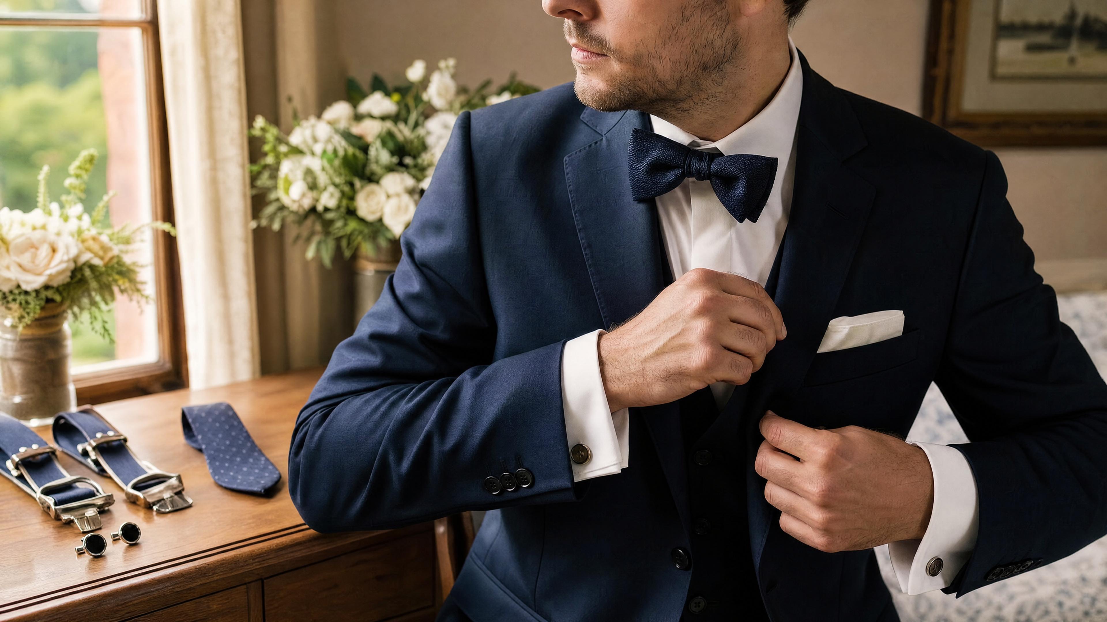 Homme en costume ajustant son nœud papillon et sa pochette lors des préparatifs d’un mariage Bild
