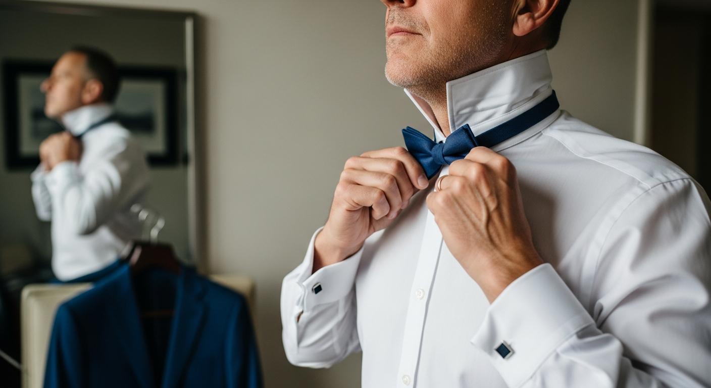 Homme ajustant un nœud papillon devant un miroir, en chemise blanche, pour illustrer le choix selon la morphologie Bild