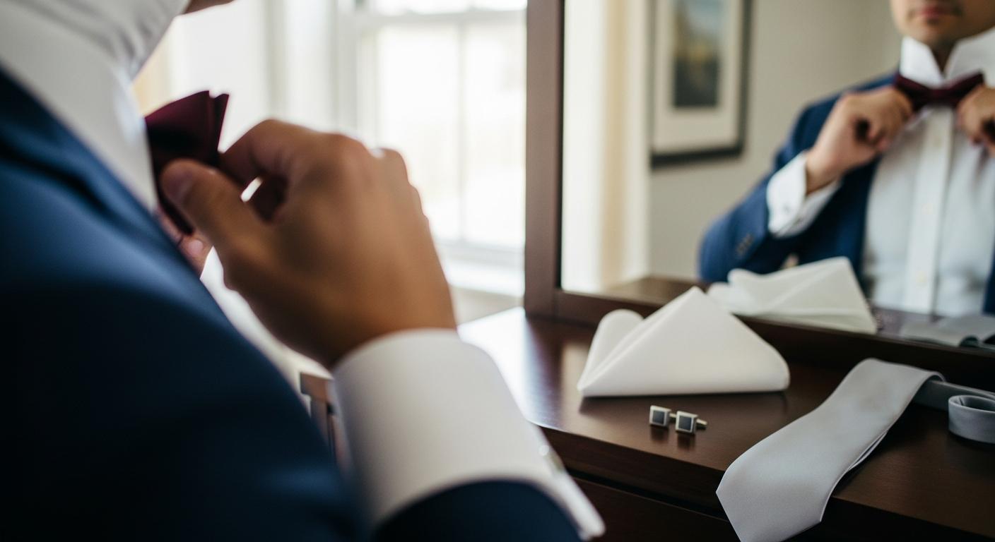 Homme en costume bleu marine ajustant un nœud papillon bordeaux devant un miroir, avec accessoires de mariage posés sur une commode Bild