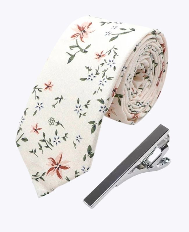 Krawatte + Krawattenklammer Liberty Weiß n°8 Herren aus Baumwolle «Charles»