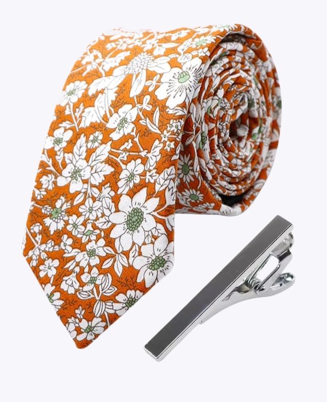 Krawatte + Krawattenklammer Liberty Orange Herren aus Baumwolle «Clovis»