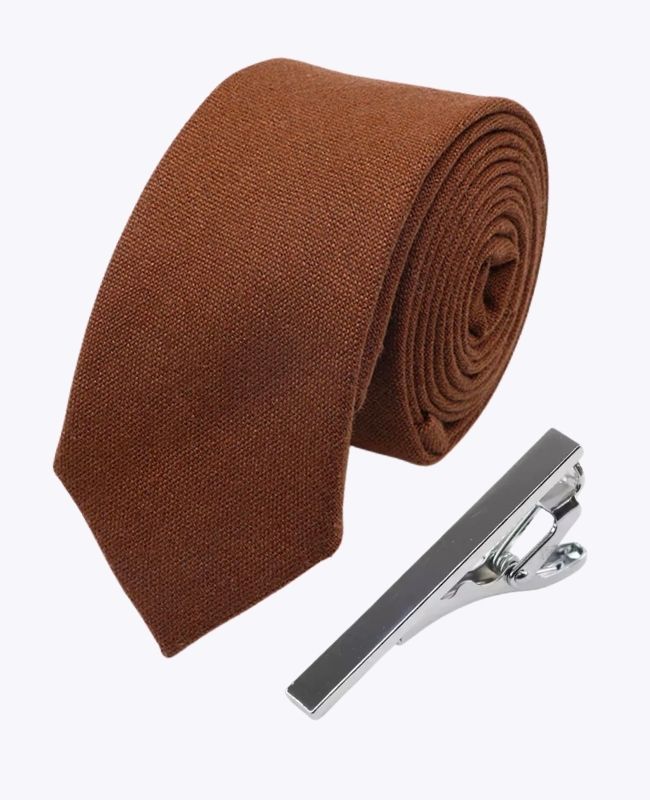 Krawatte + Krawattenklammer Braun n°1 Herren aus Leinen «Basile»