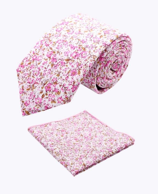 Krawatte + Einstecktuch Liberty Rosa n°4 Baumwolle «Gaspard»