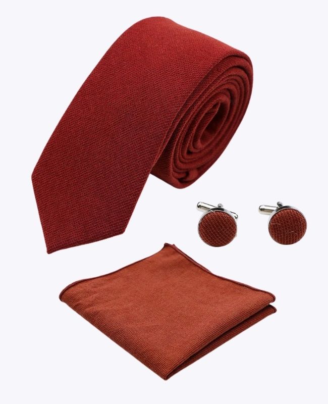 Krawatte + Einstecktuch + Manschettenknöpfe Terracotta Herren aus Baumwolle «Edgard»