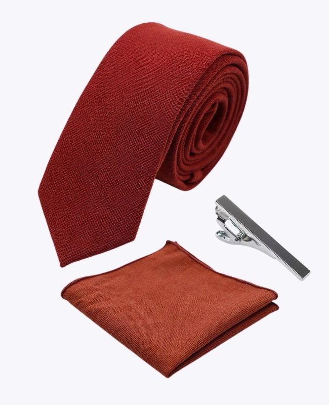 Krawatte + Einstecktuch + Krawattenklammer Terracotta Herren aus Baumwolle «Edgard»