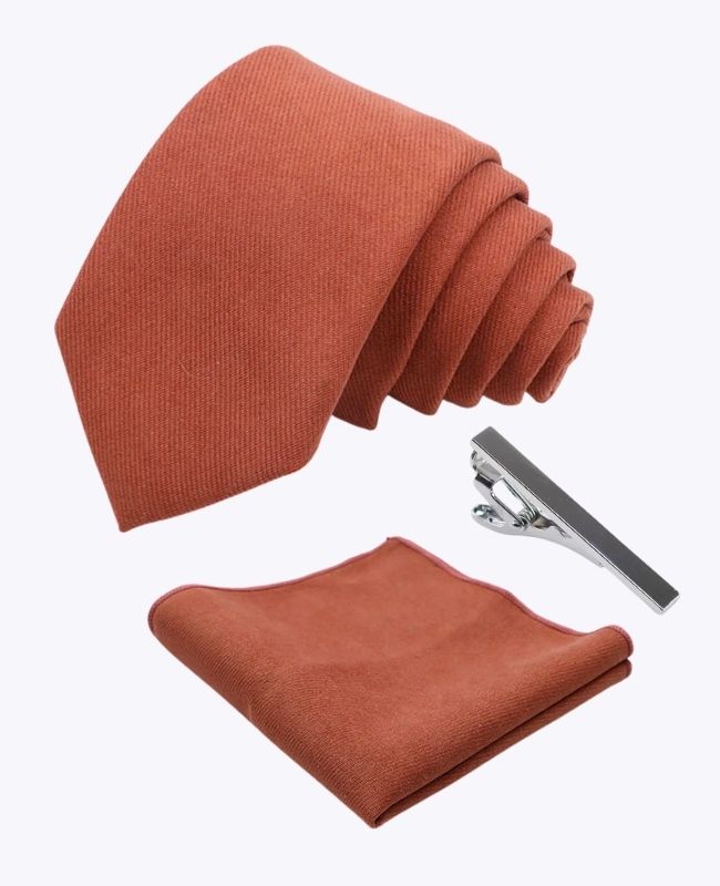 Krawatte + Einstecktuch + Krawattenklammer Terracotta n°3 Herren aus Samteffekt «Simon»