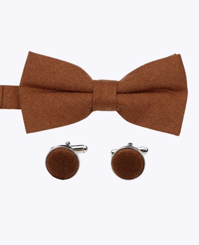 Fliege + Manschettenknöpfe Braun n°1 Herren aus Leinen «Basile»