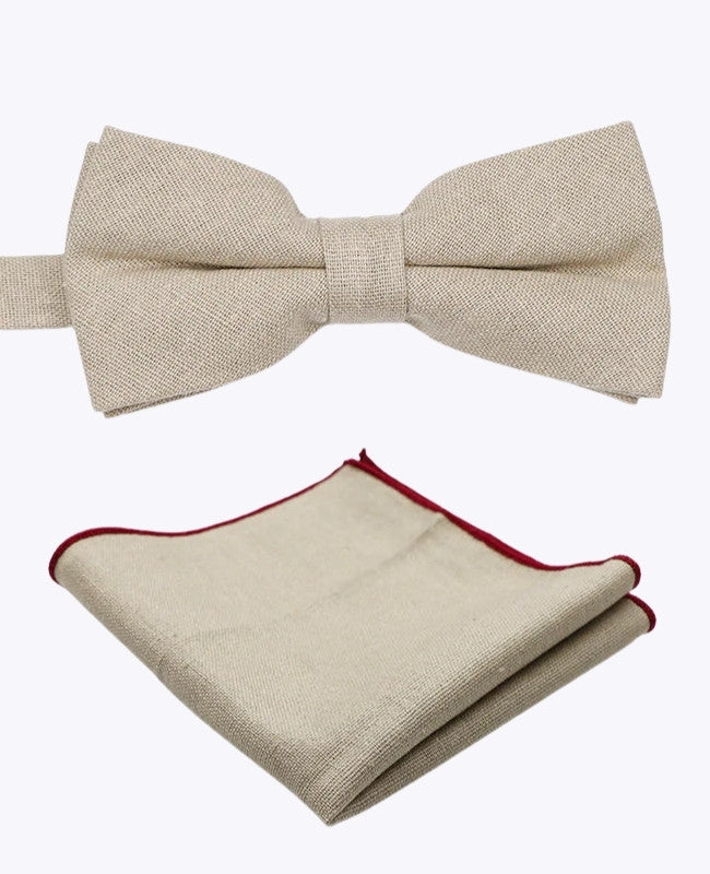 Beige Leinenfliege + Einstecktuch Nr. 2 „Basile“ für Herren