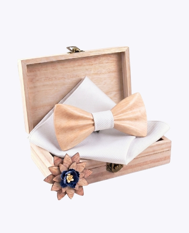 Coffret Noeud Papillon Blanc Homme en Bois Clair «Hippolyte»