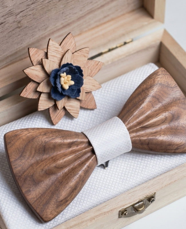 Geschenkset Herren Fliege Weiß aus dunklem Holz „Hippolyte"