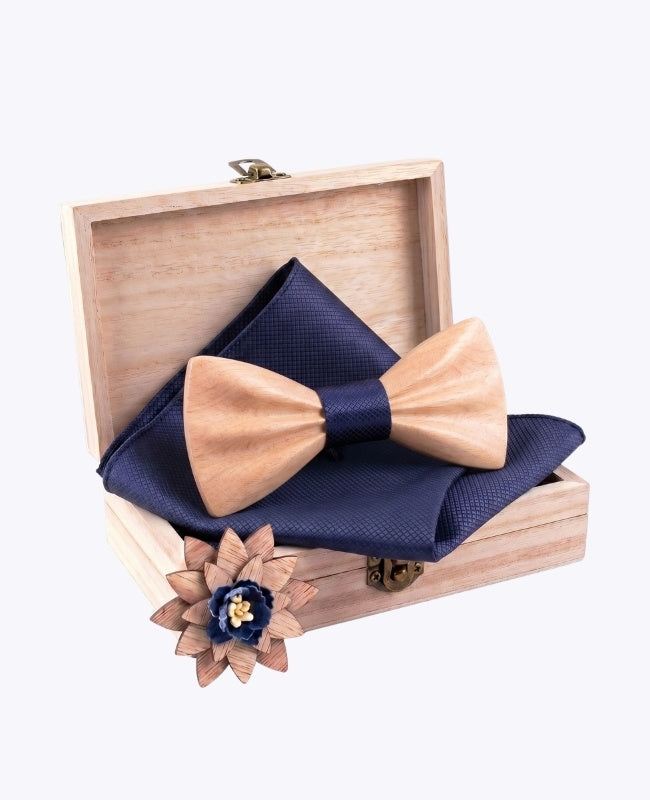 Coffret Noeud Papillon Bleu Homme en Bois Clair «Hippolyte»