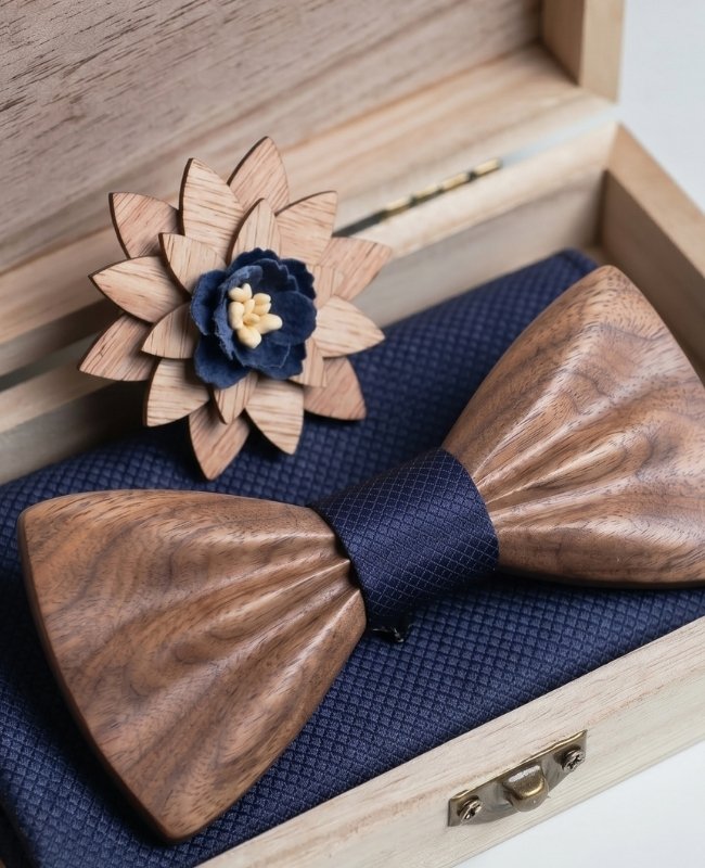 Geschenkbox Blaue Herren-Fliege aus Dunklem Holz „Hippolyte"