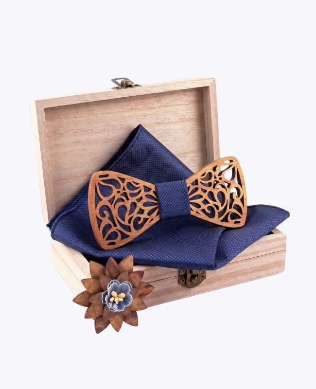 Geschenkset Fliege Blau Herren aus Holz „Hercule"