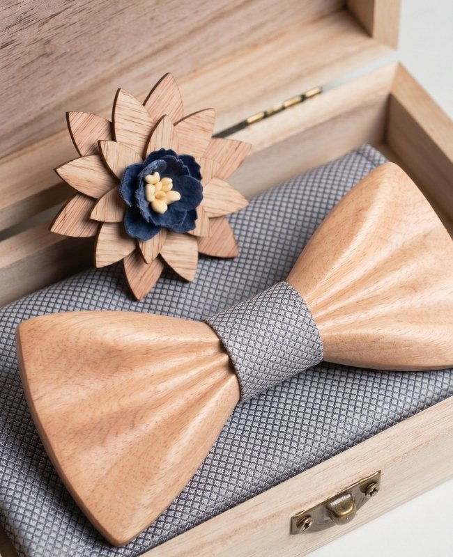 Coffret Noeud Papillon Gris Homme en Bois Clair «Hippolyte»