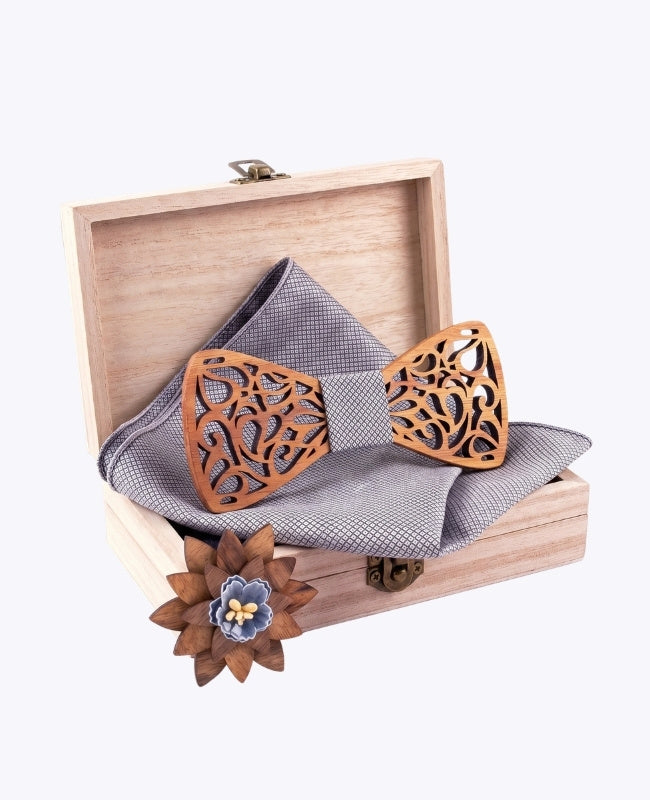 Geschenkset Fliege Grau Herren aus Holz „Hercule"