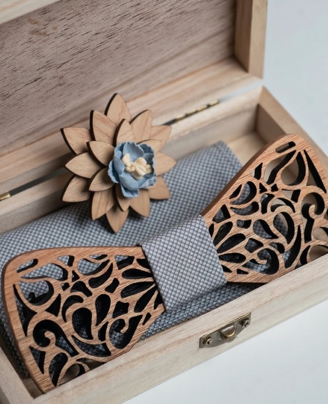 Geschenkset Fliege Grau Herren aus Holz „Hercule"