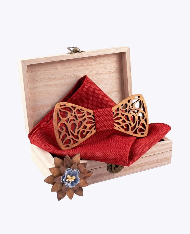 Geschenkset Fliege Rot Herren aus Holz „Hercule"