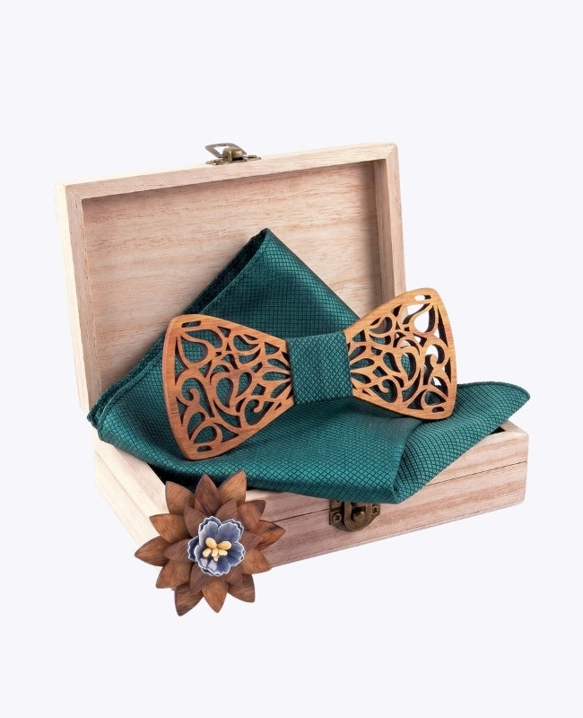 Geschenkbox Grüne Herren-Fliege aus Holz „Hercule"