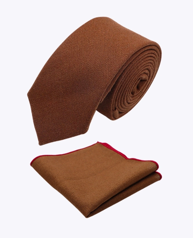 Krawatte + Einstecktuch Braun n°1 Herren Leinen «Basile»