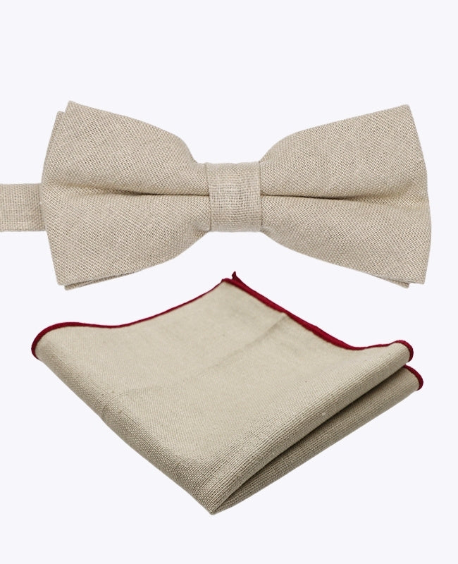 Noeud Papillon + Pochette de Costume Beige n°2 Homme en Lin «Basile»