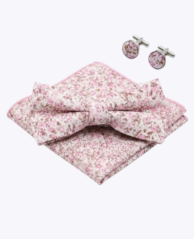Fliege + Einstecktuch + Manschettenknöpfe Liberty Rosa Nr.4 Herren aus Baumwolle „Gaspard"