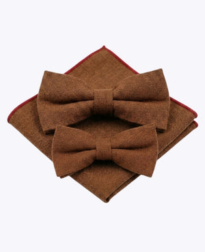 Fliegen Braun Nr.1 Vater & Sohn + Einstecktuch aus Leinen „Basile